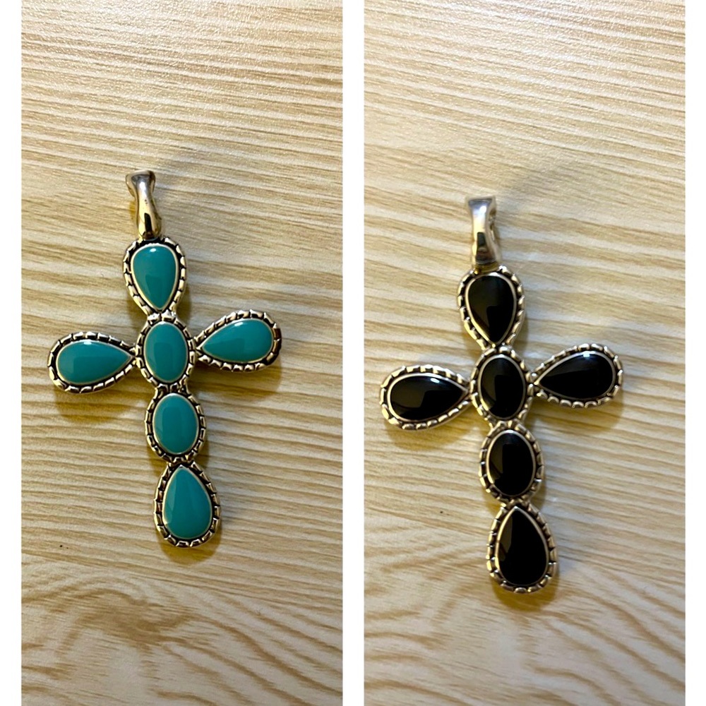 Reversible teal/black cross charm